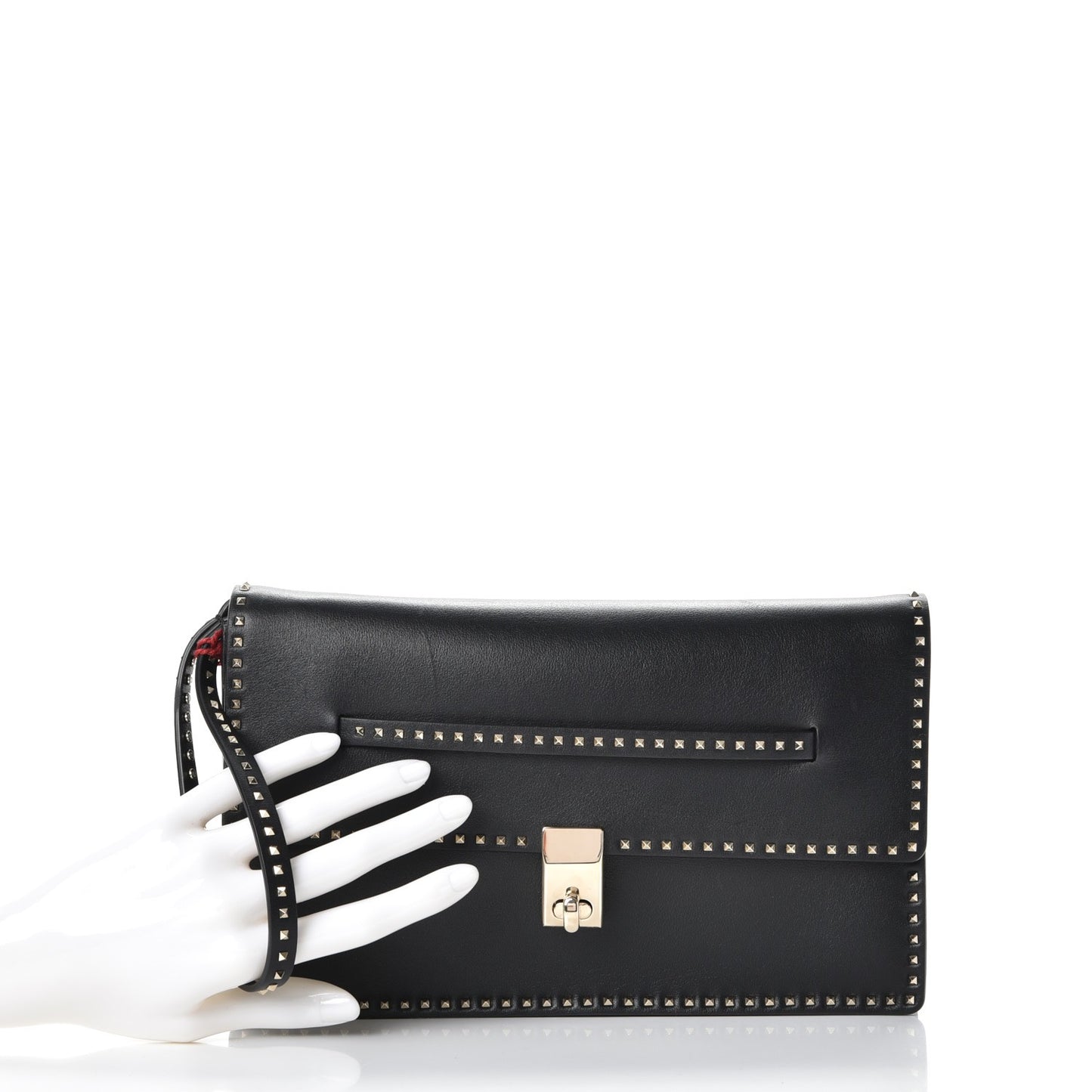 Calfskin Rockstud Turn Lock Flap Clutch Black