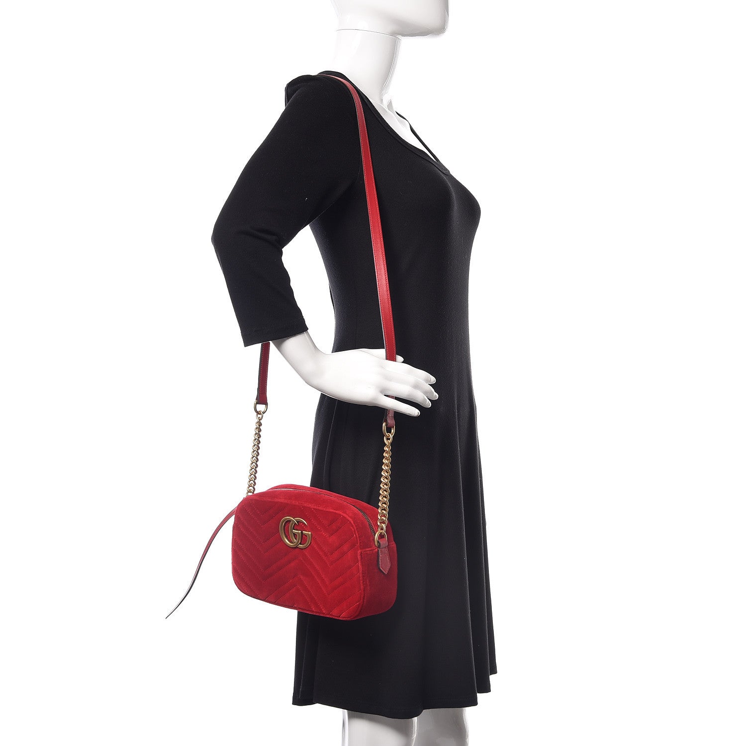 Gucci Velvet Matelasse Small GG Marmont Chain Shoulder Bag Hibiscus Red 2 of 9