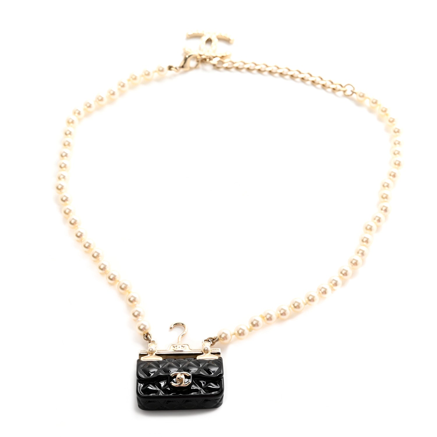 Chanel Pearl Metal Resin Quilted Flap Bag Necklace Gold Black Pearly White 1 of 5