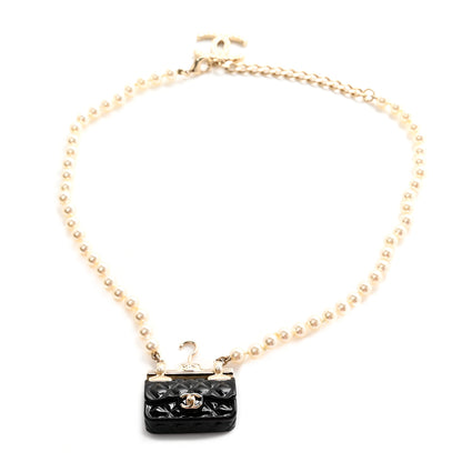 Chanel Pearl Metal Resin Quilted Flap Bag Necklace Gold Black Pearly White 1 of 5