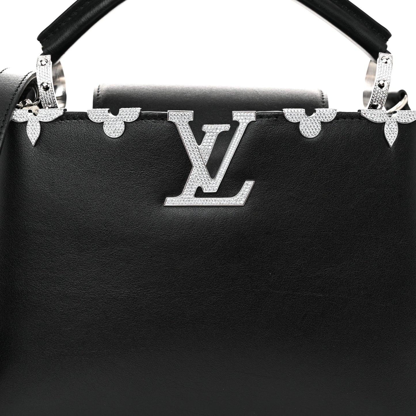 Smooth Calfskin Crystal Flowers Capucines BB Black