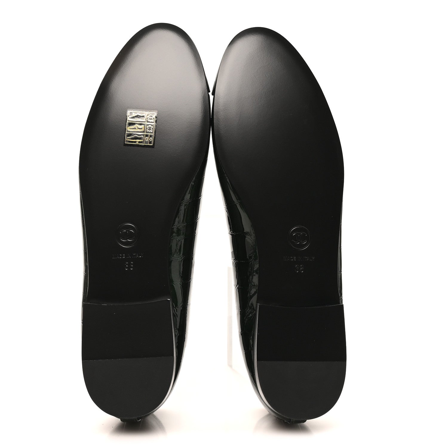 Chanel Crocodile Embossed Patent Calfskin Cap Toe CC Ballerina Flats 38 Dark Green Black 6 of 10