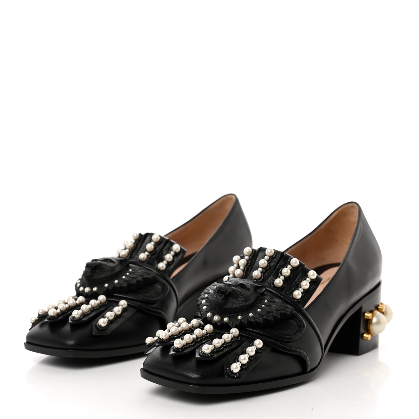 Malaga Kid Pearl Embellished Winged Feline Loafer Pumps 37 Black