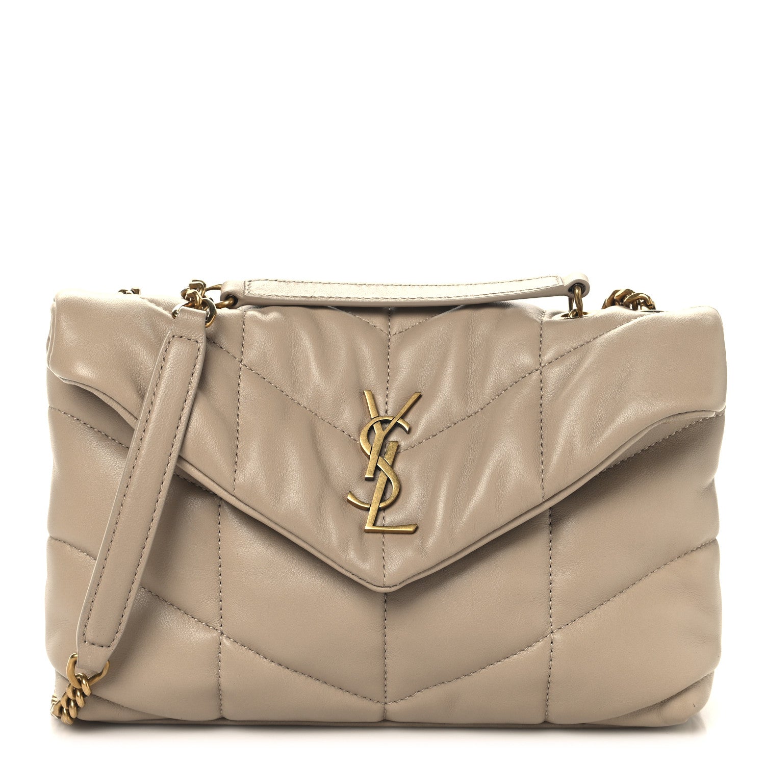 Saint Laurent Lambskin Quilted Toy Loulou Puffer Monogram Chain Satchel Dark Beige 1 of 10