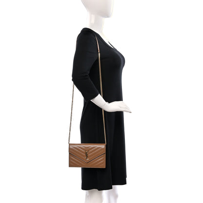 Saint Laurent Grain De Poudre Matelasse Chevron Monogram Envelope Chain Wallet Natural Dark Dark Beige 2 of 8