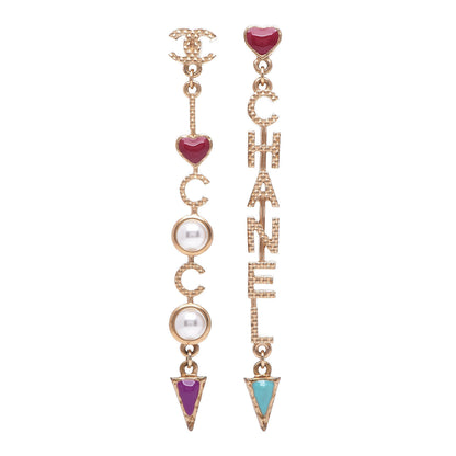 Chanel Pearl Enamel Logo Long Drop Earrings Gold 1 of 5