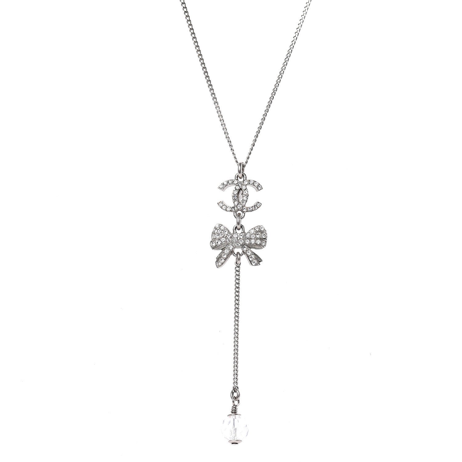 Chanel Crystal Resin CC Bow Drop Necklace Silver 1 of 6