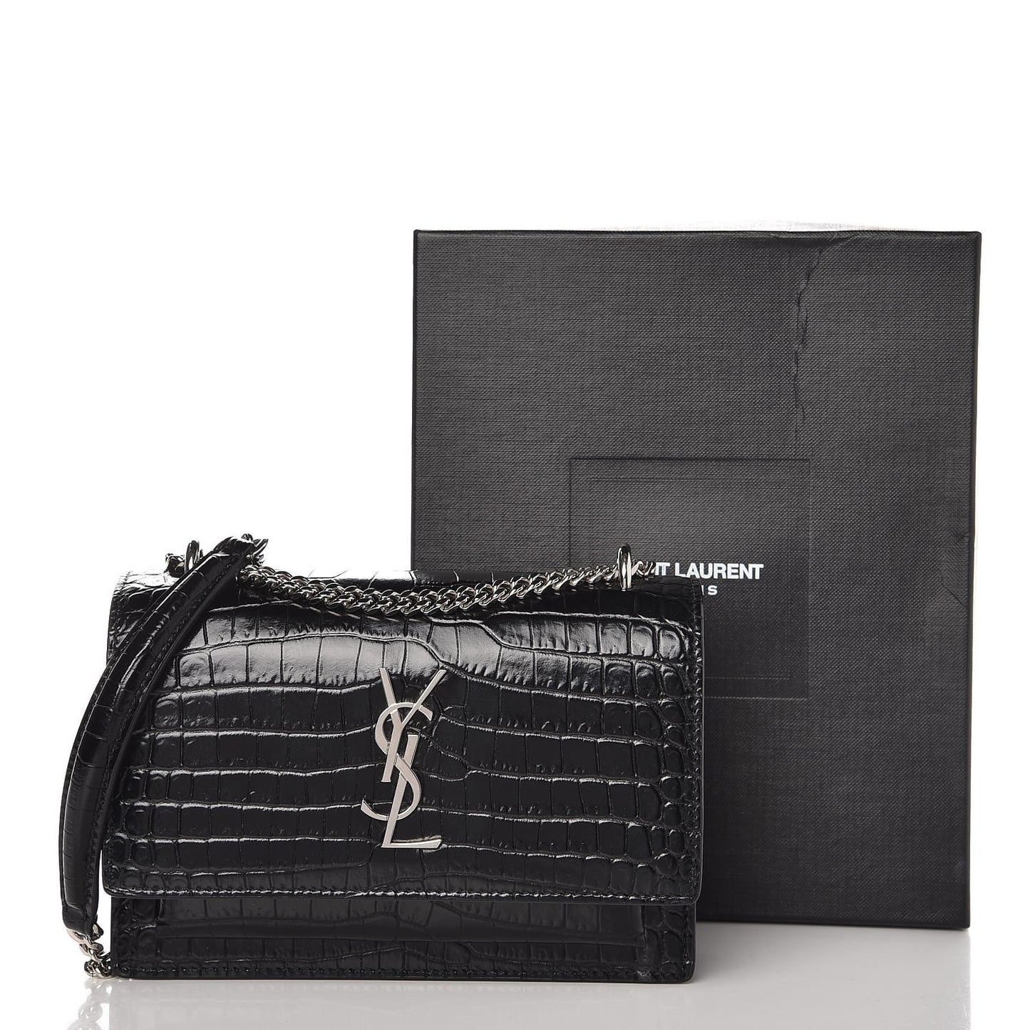 Calfskin Crocodile Embossed Monogram Sunset Chain Wallet Black