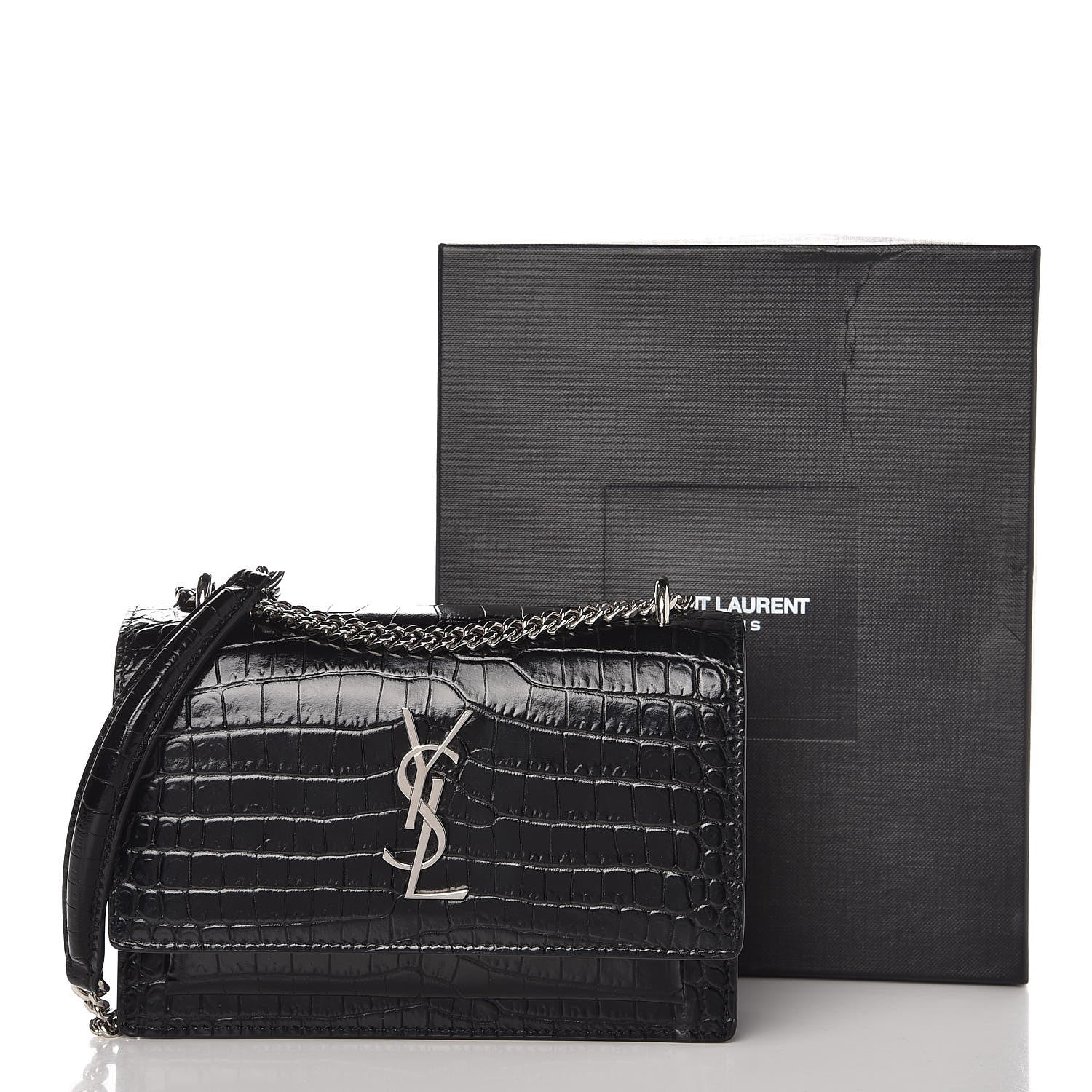 Saint Laurent Calfskin Crocodile Embossed Monogram Sunset Chain Wallet Black 8 of 8