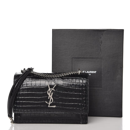 Saint Laurent Calfskin Crocodile Embossed Monogram Sunset Chain Wallet Black 8 of 8