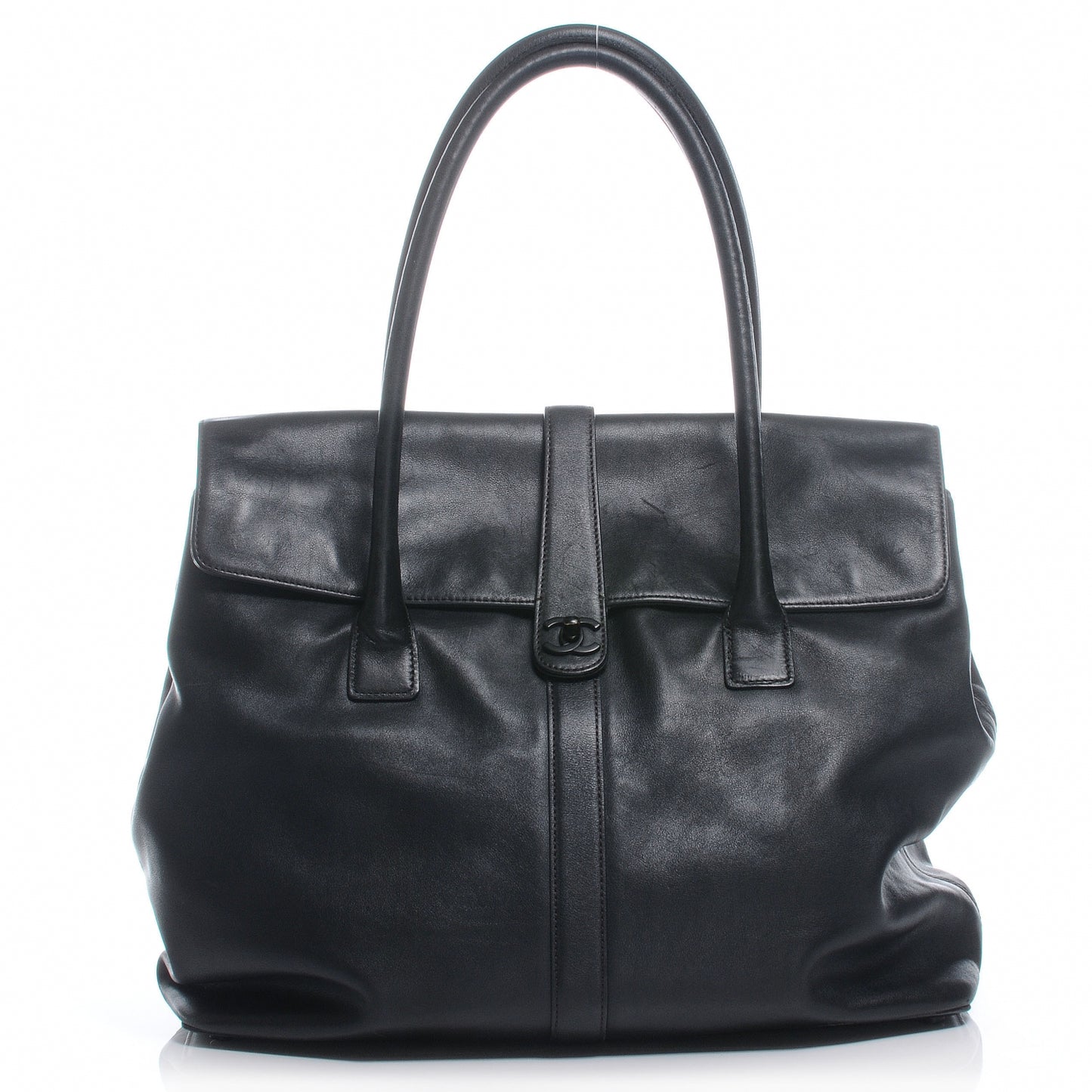 Calfskin Large Flap Shoulder Bag Black