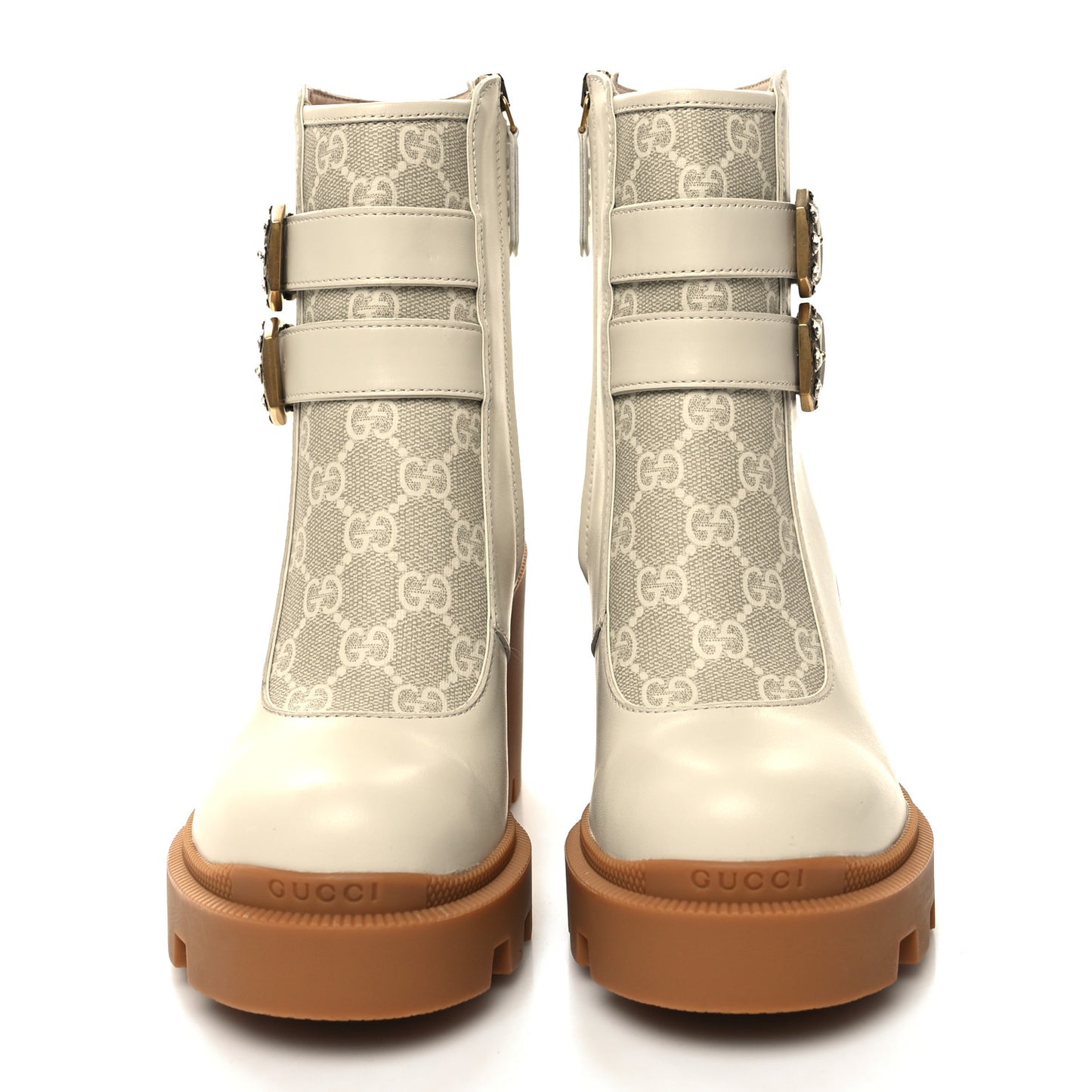 Kensington Calfskin Nappa GG Supreme Monogram Womens Double Buckle Ankle Boots 35.5 Mystic White Beige