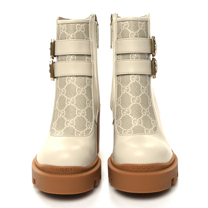 Gucci Kensington Calfskin Nappa GG Supreme Monogram Womens Double Buckle Ankle Boots 35.5 Mystic White Beige 2 of 8