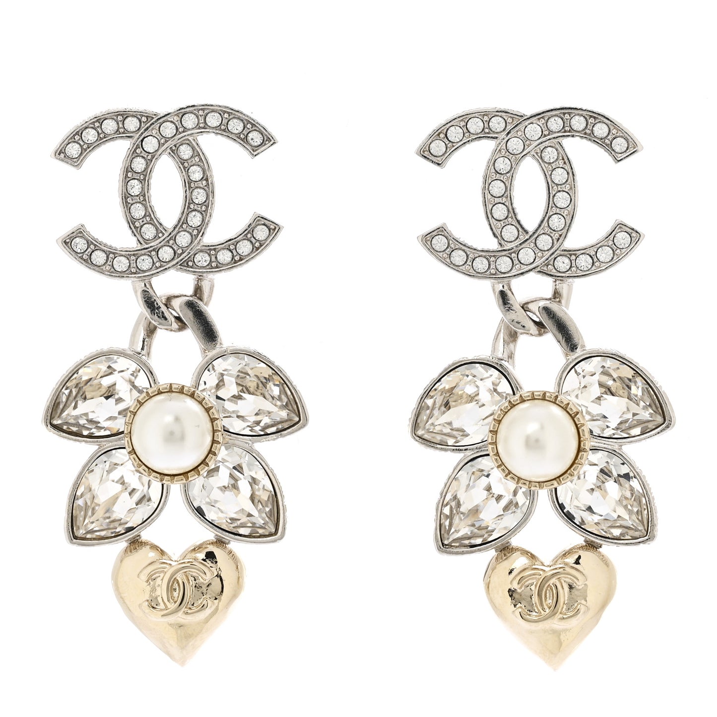 Crystal Pearl CC Heart Pendant Earrings Silver Gold