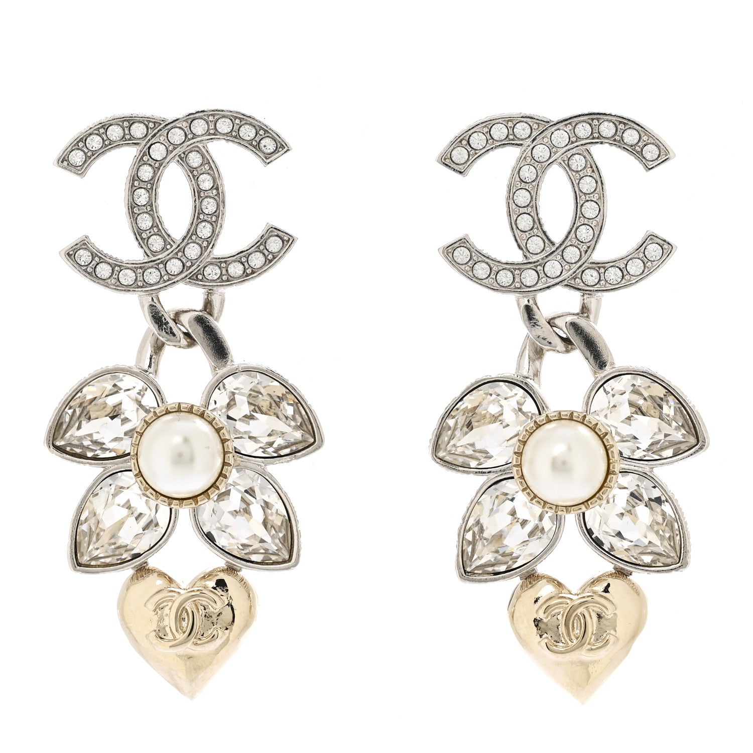 Chanel Crystal Pearl CC Heart Pendant Earrings Silver Gold 1 of 5