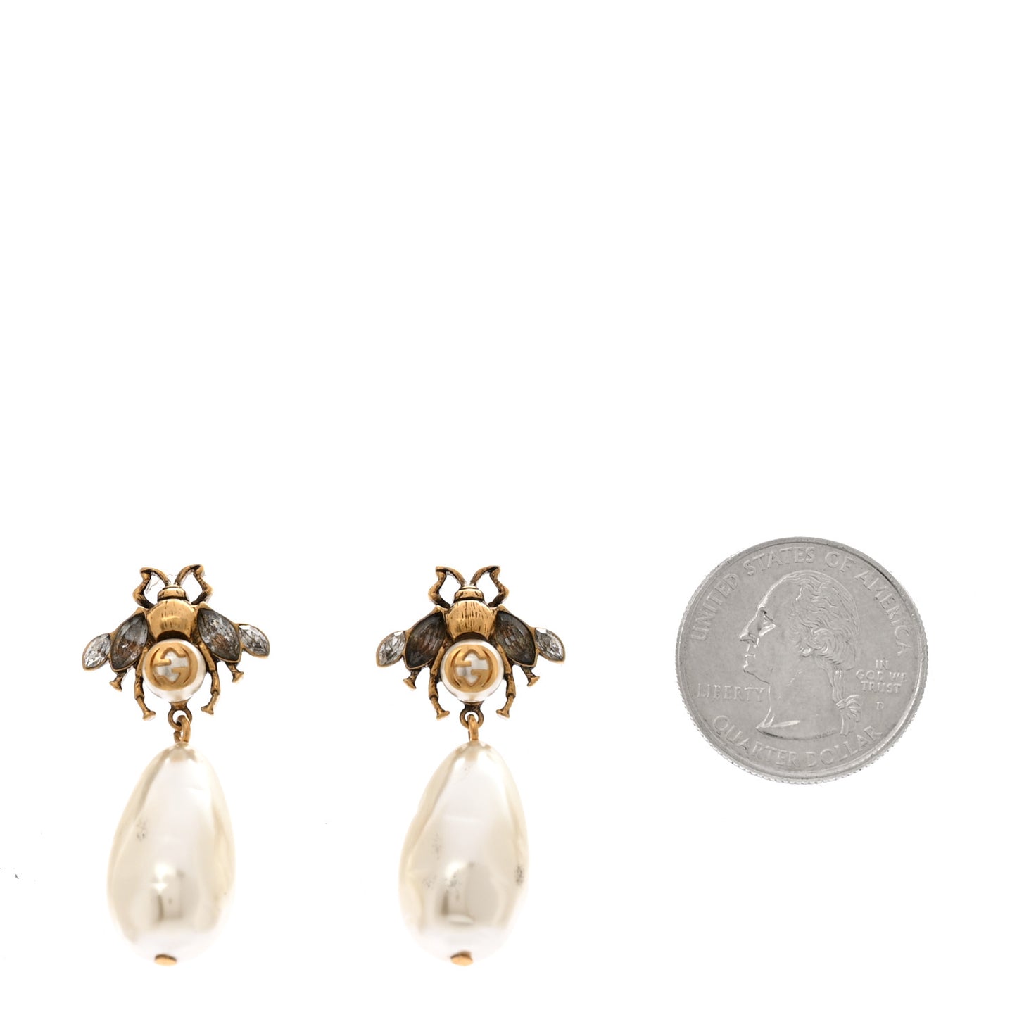 Crystal Pearl Drop Bee Earrings Gold