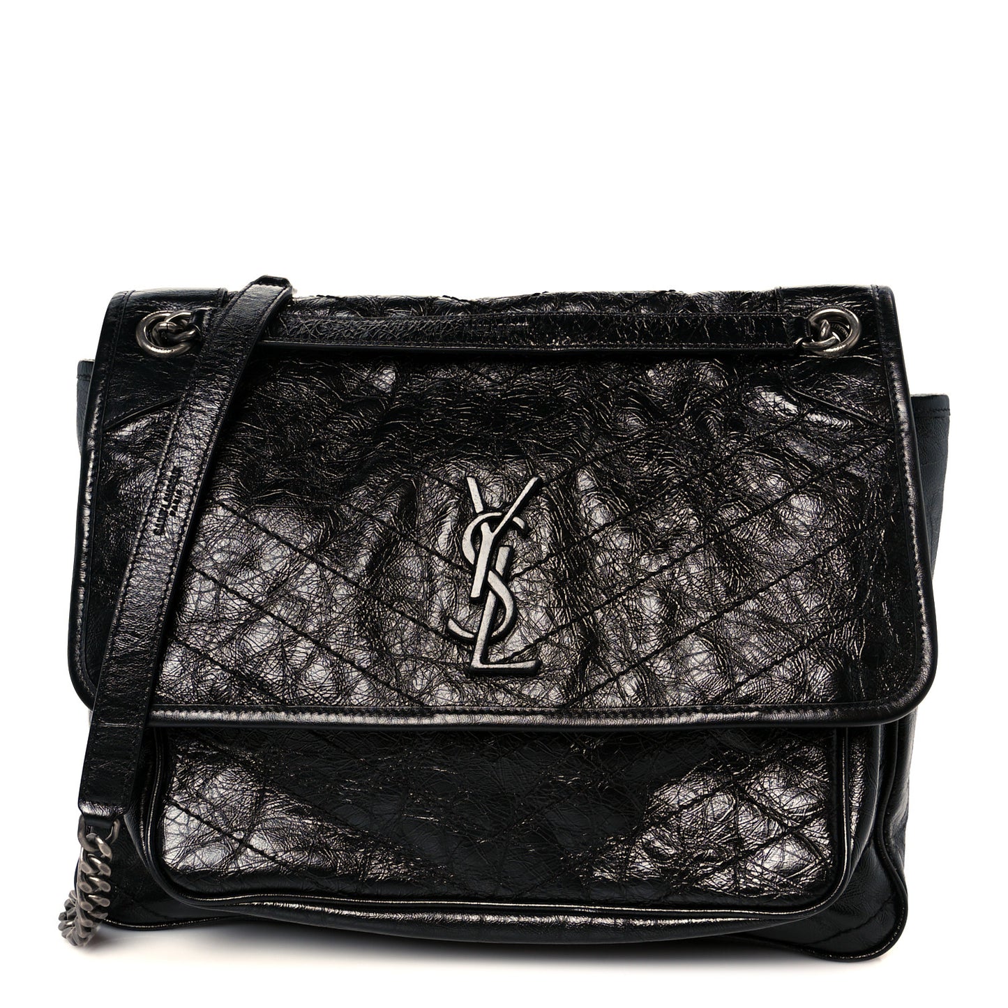 Crinkled Calfskin Matelasse Monogram Large Niki Chain Satchel Black