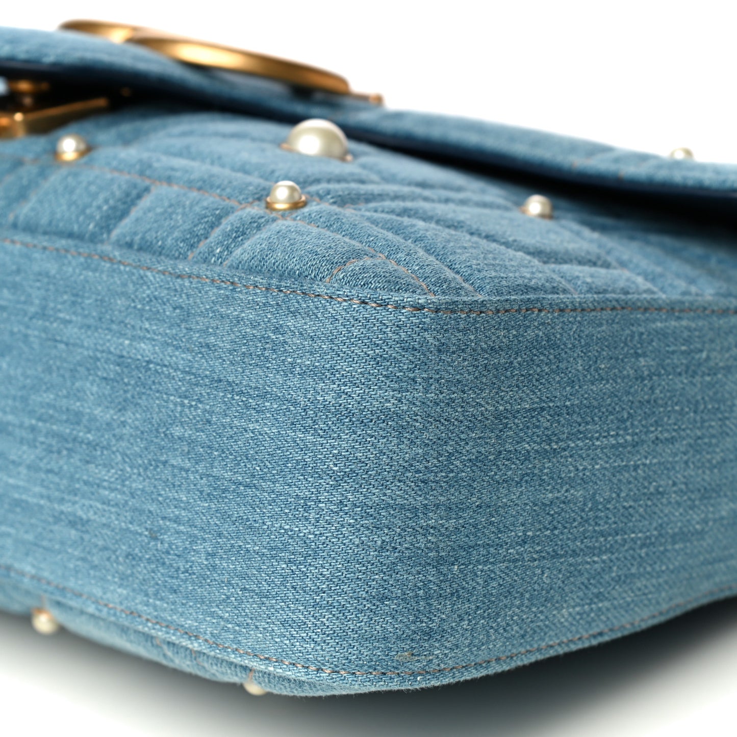 Kura Denim Matelasse Cubic Pearl Studded Medium GG Marmont Shoulder Bag Blue
