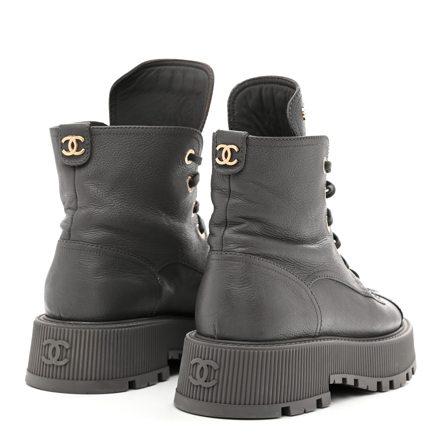 Chanel Calfskin CC Lace Up Combat Boots 39 Gray 1782149 – FASHIONPHILE
