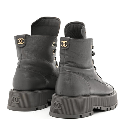 Chanel Calfskin CC Lace Up Combat Boots 39 Gray 5 of 9
