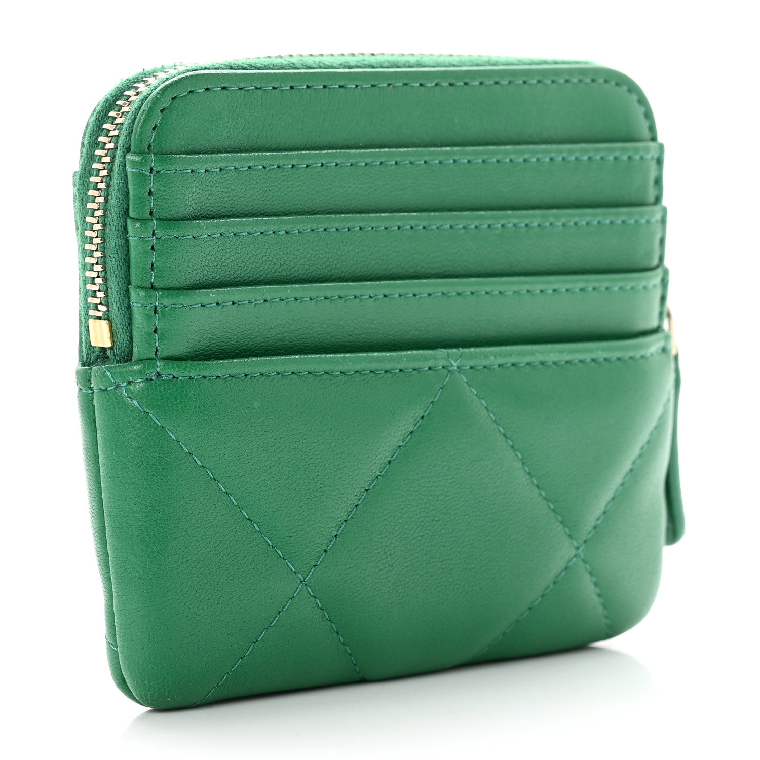 Chanel Lambskin Quilted Chanel 19 Zip Card Holder Wallet Green 3 of 9
