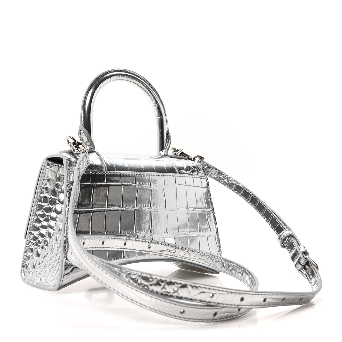Metallic Calfskin Crocodile Embossed Hourglass Top Handle Bag XS Silver