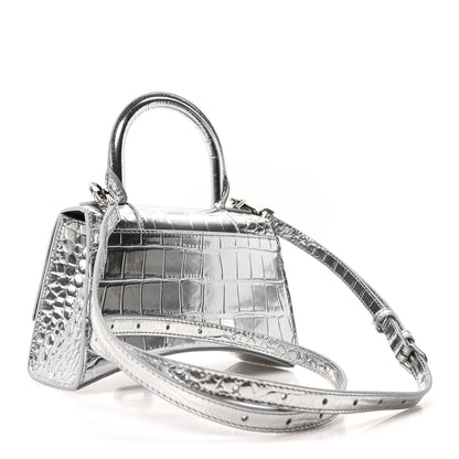 Balenciaga Metallic Calfskin Crocodile Embossed Hourglass Top Handle Bag XS Silver 3 of 9