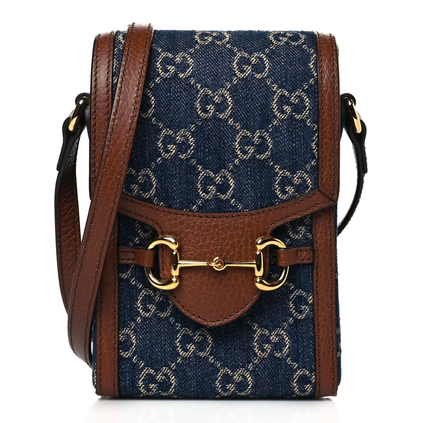 New Denim GG Monogram Dollar Calfskin Mini Horsebit 1955 Crossbody Bag Blue Tea Cuir Epilog