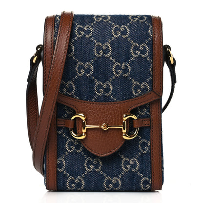 Gucci New Denim GG Monogram Dollar Calfskin Mini Horsebit 1955 Crossbody Bag Blue Tea Cuir Epilog 1 of 11