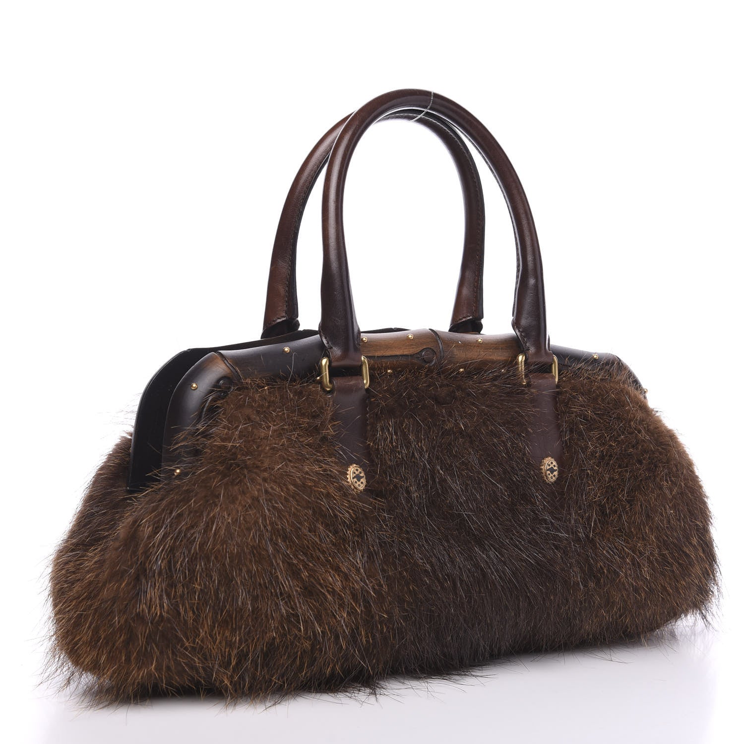 Gucci Beaver Fur Bamboo Medium Frame Satchel Brown 2 of 11