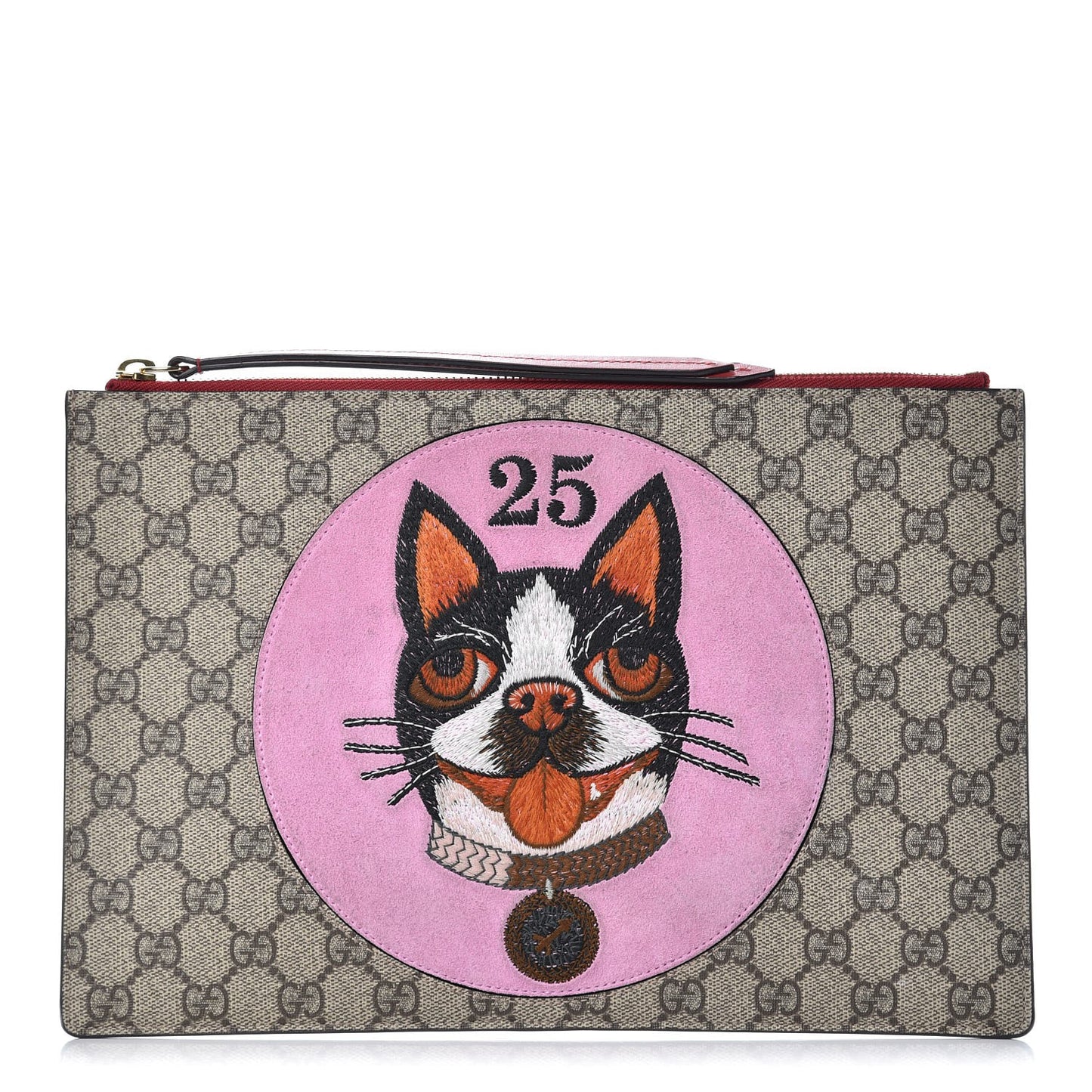 GG Supreme Monogram Bosco Patch Zip Pouch Beige Malva Hibiscus Red