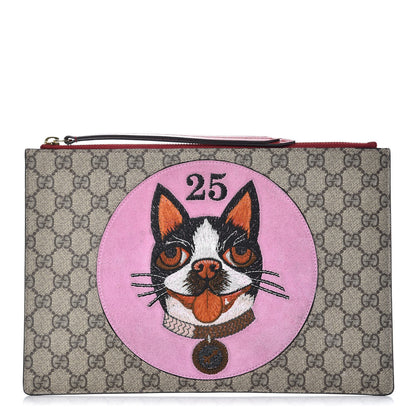 Gucci GG Supreme Monogram Bosco Patch Zip Pouch Beige Malva Hibiscus Red 1 of 13
