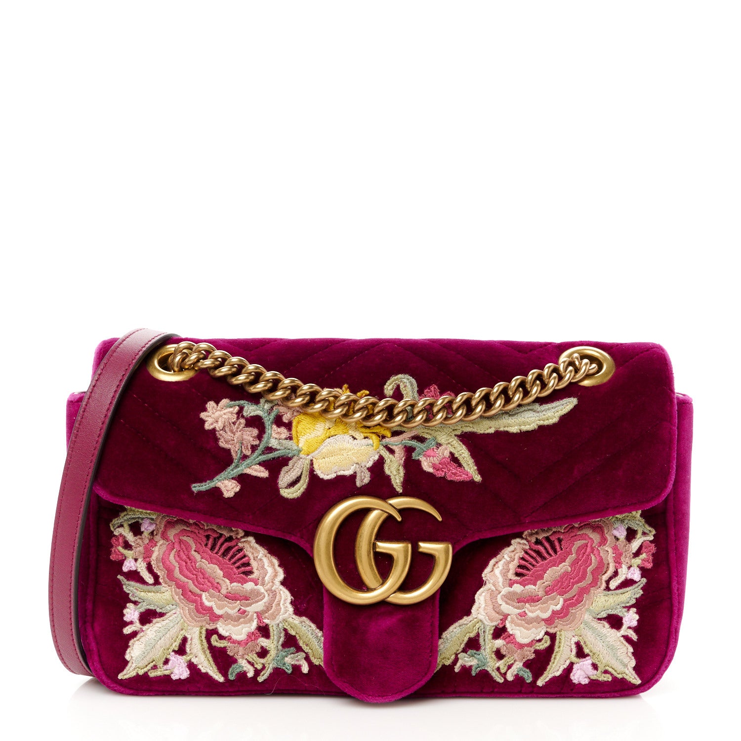 Gucci Velvet Matelasse Embroidered Small GG Marmont Shoulder Bag Fuchsia Violet Cyclamen 1 of 11