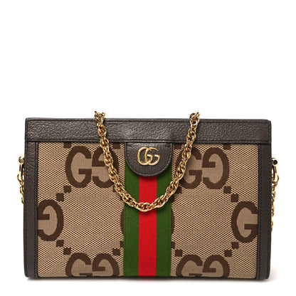 Gucci Monogram Jumbo GG Textured Dollar Calfskin Web Small Ophidia Chain Shoulder Bag Camel Ebony New Acero 1 of 10