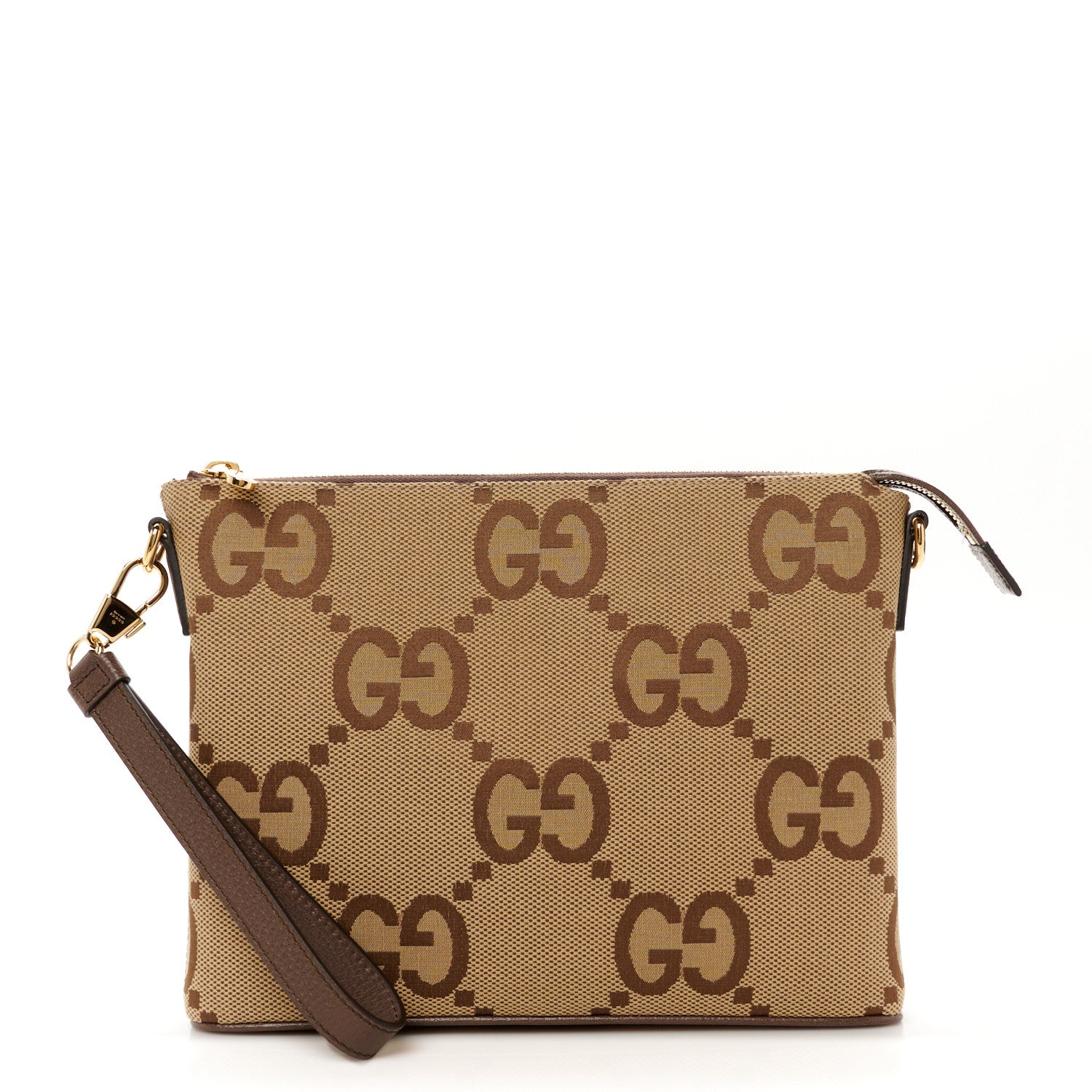 Gucci Monogram Jumbo GG Textured Dollar Calfskin Web Wristlet Messenger Bag Camel Ebony New Acero 1 of 11