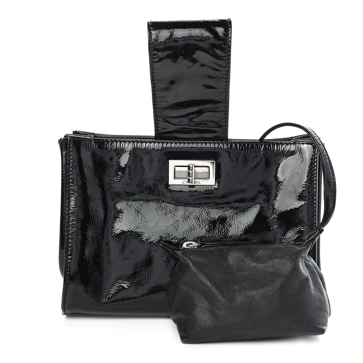 Chanel Patent Mademoiselle Lock Convertible Wrist Clutch Bag Black 1 of 10