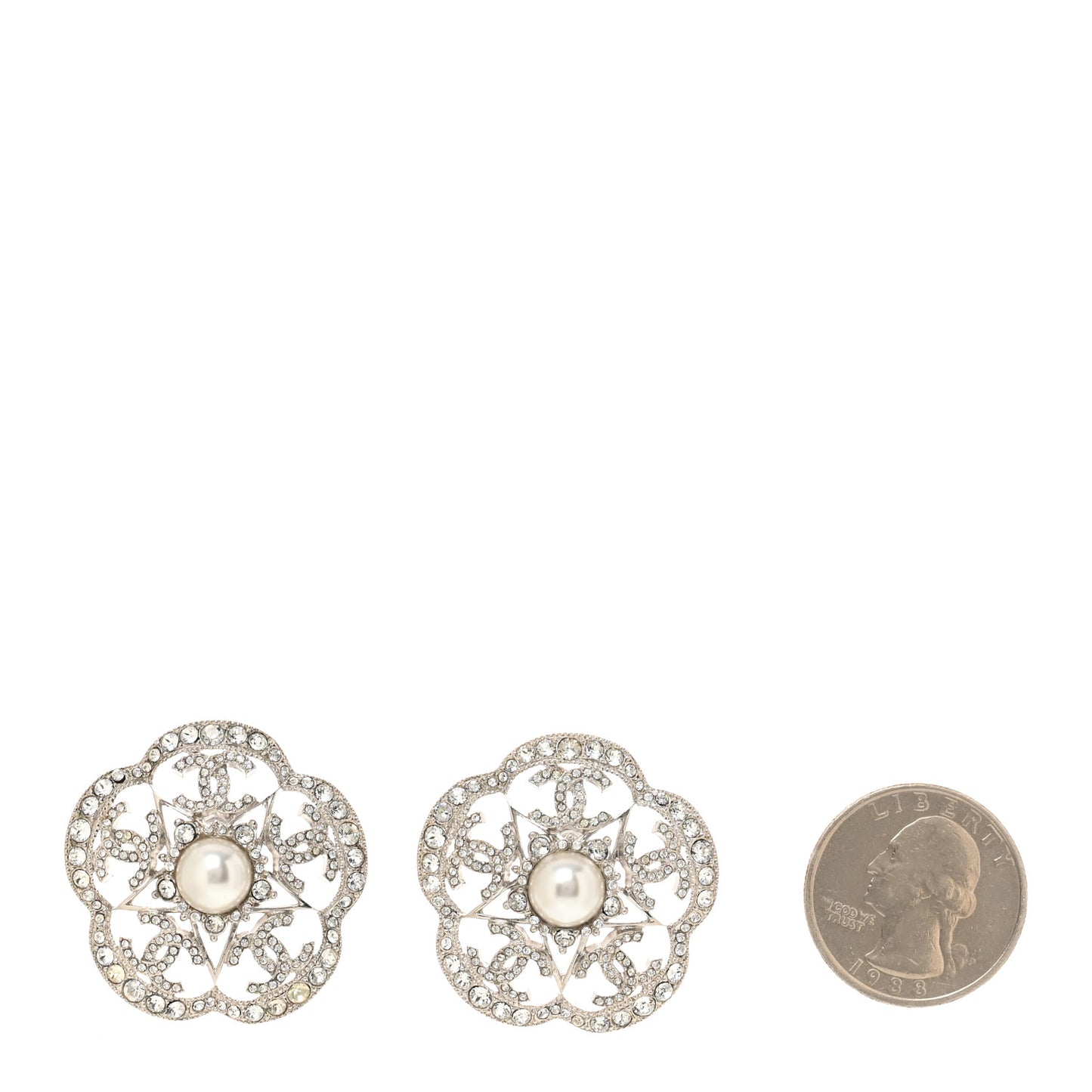 Crystal Pearl Large Camellia CC Earrings Silver