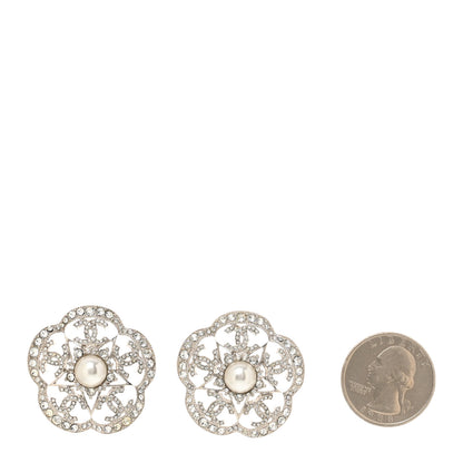 Chanel Crystal Pearl Large Camellia CC Earrings Silver 2 of 5