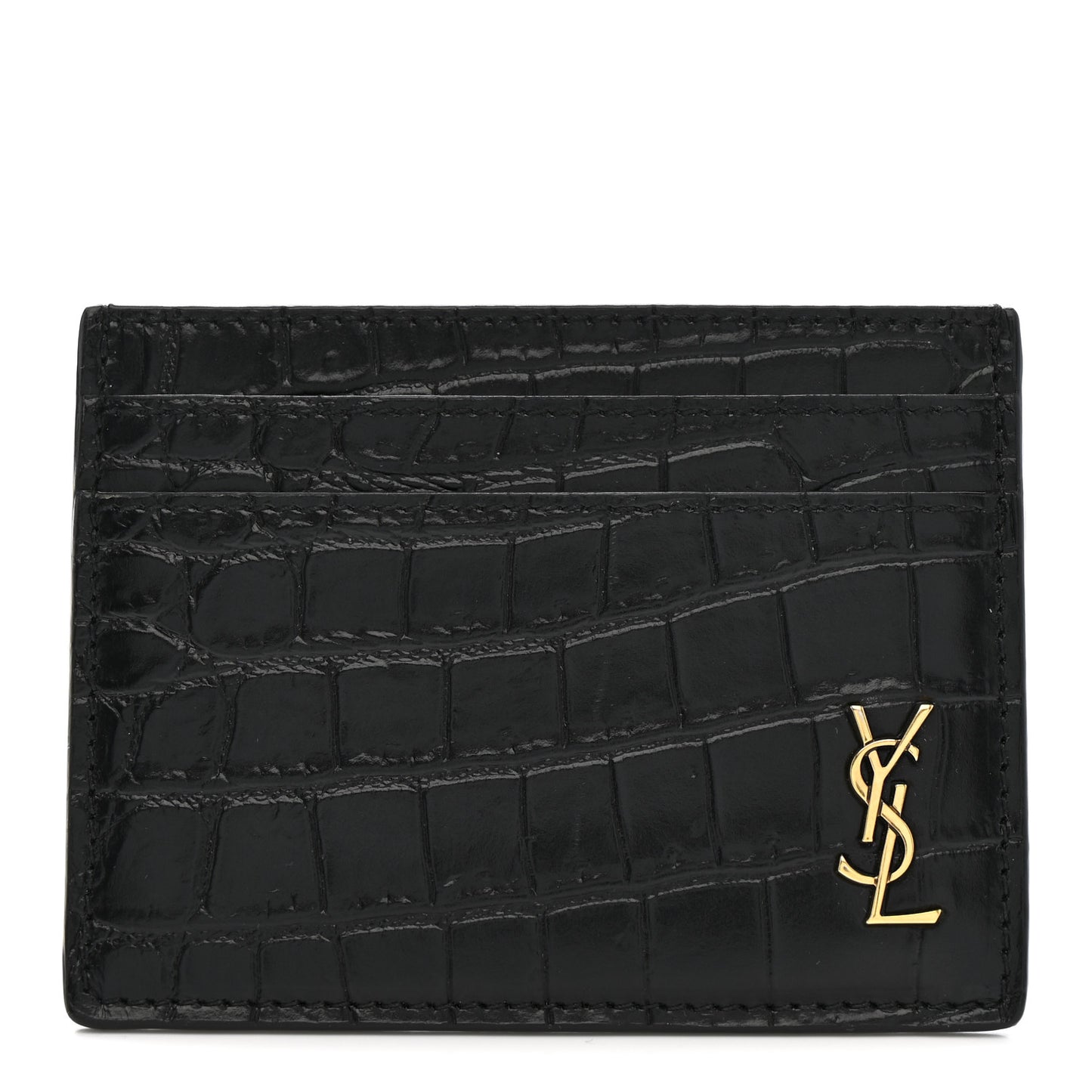 Calfskin Crocodile Embossed Monogram Tiny Cassandra Credit Card Case Black