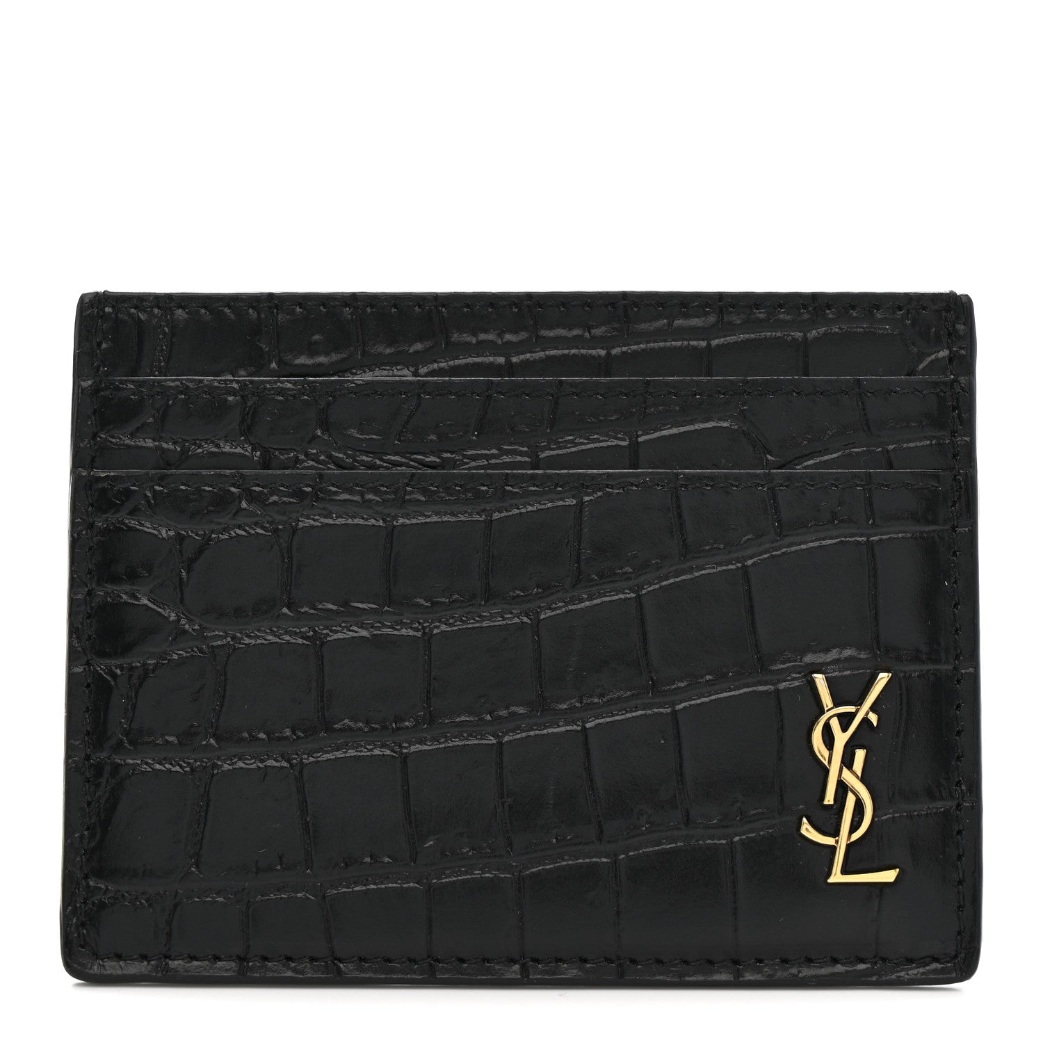 Saint Laurent Calfskin Crocodile Embossed Monogram Tiny Cassandra Credit Card Case Black 1 of 7