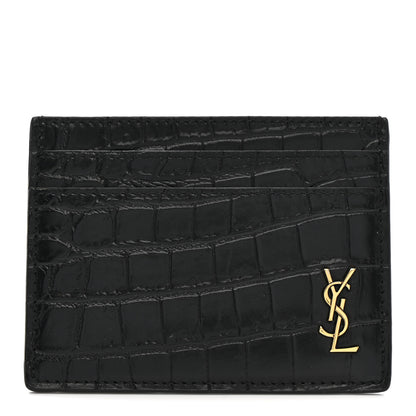 Saint Laurent Calfskin Crocodile Embossed Monogram Tiny Cassandra Credit Card Case Black 1 of 7