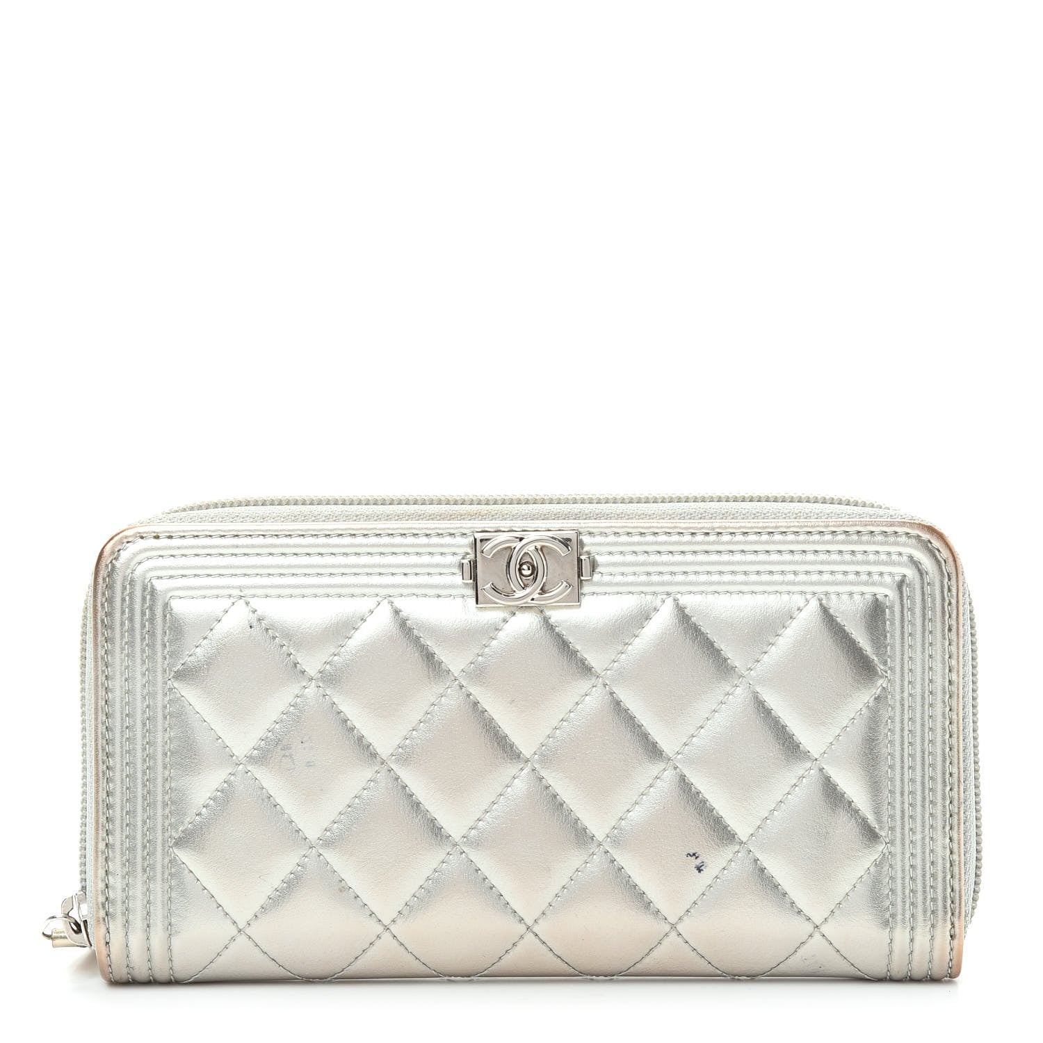 Chanel Metallic Calfskin Quilted Boy Zip Around Wallet Silver 1 of 13