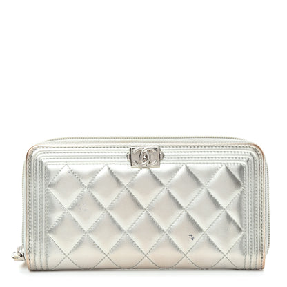 Chanel Metallic Calfskin Quilted Boy Zip Around Wallet Silver 1 of 13