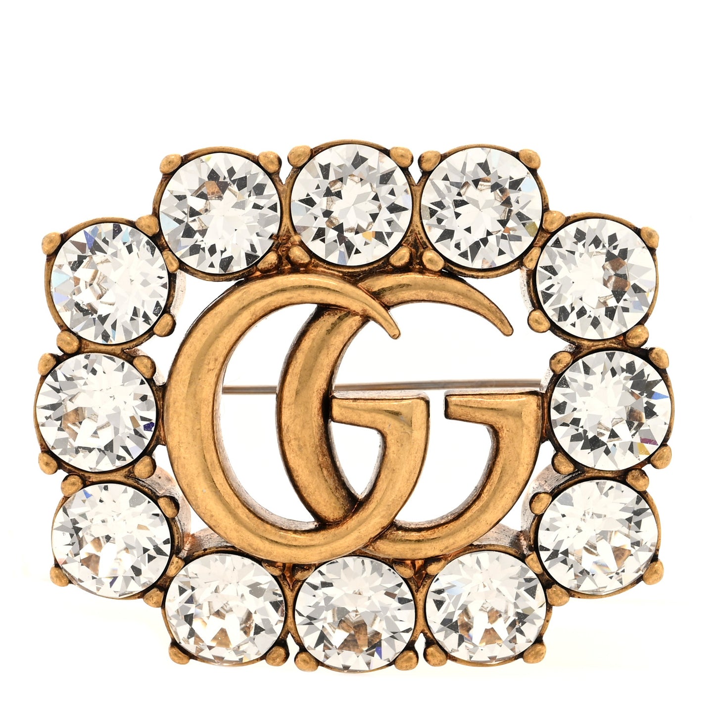 Metal Crystal Double G Brooch Aged Gold