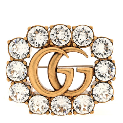 Gucci Metal Crystal Double G Brooch Aged Gold 1 of 4