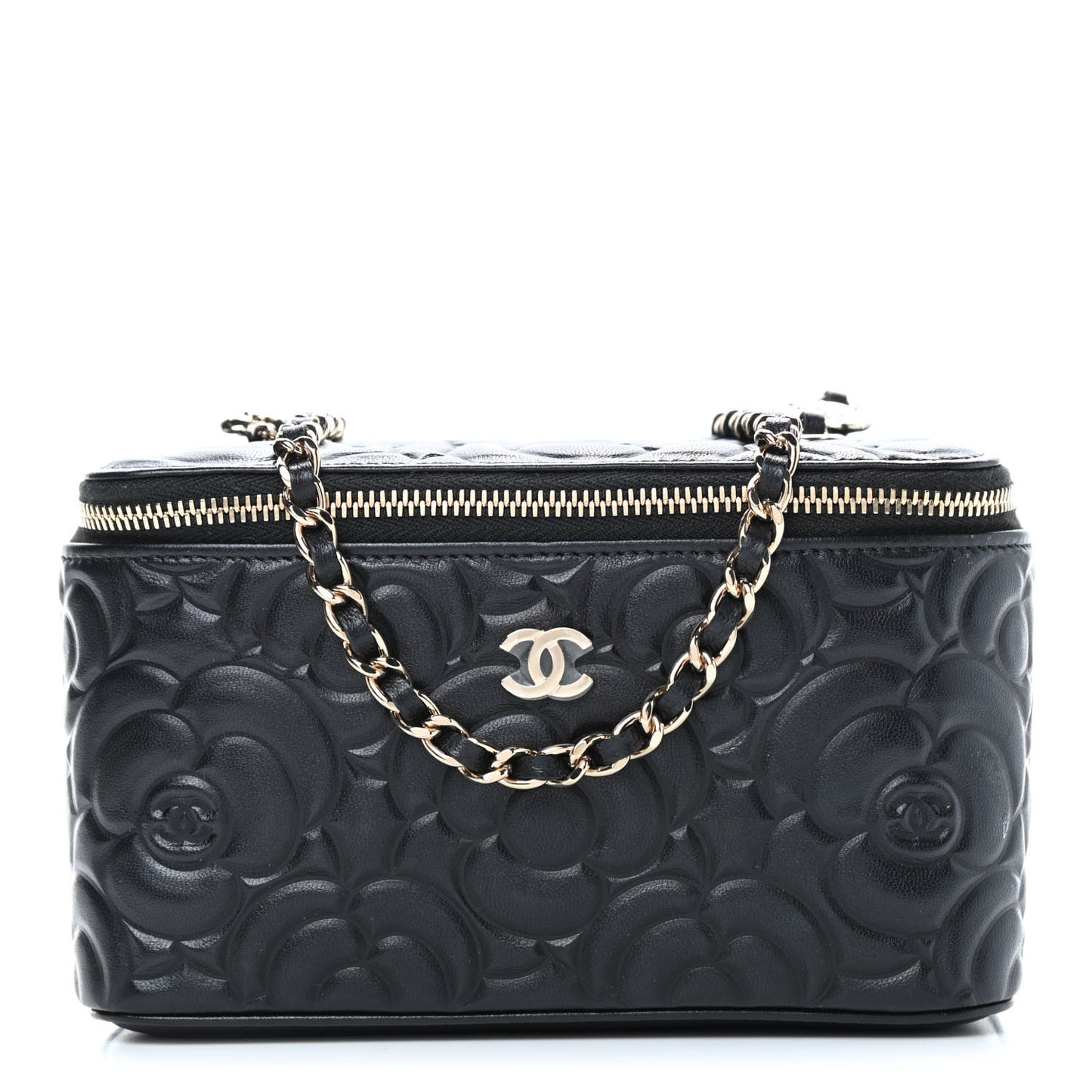 Lambskin Camellia Embossed Small Vanity Case With Chain Black