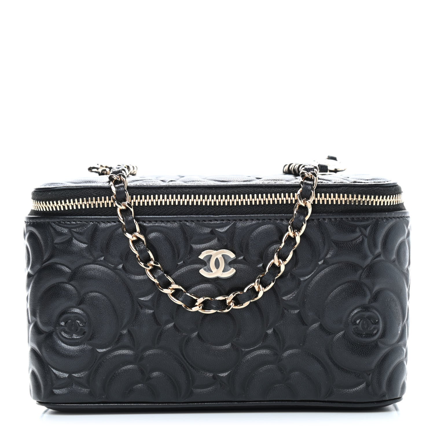Chanel Lambskin Camellia Embossed Small Vanity Case With Chain Black 1 of 9