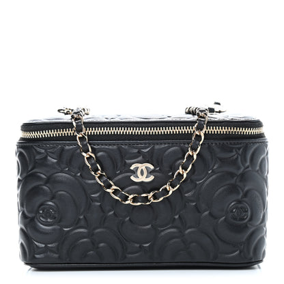 Chanel Lambskin Camellia Embossed Small Vanity Case With Chain Black 1 of 9