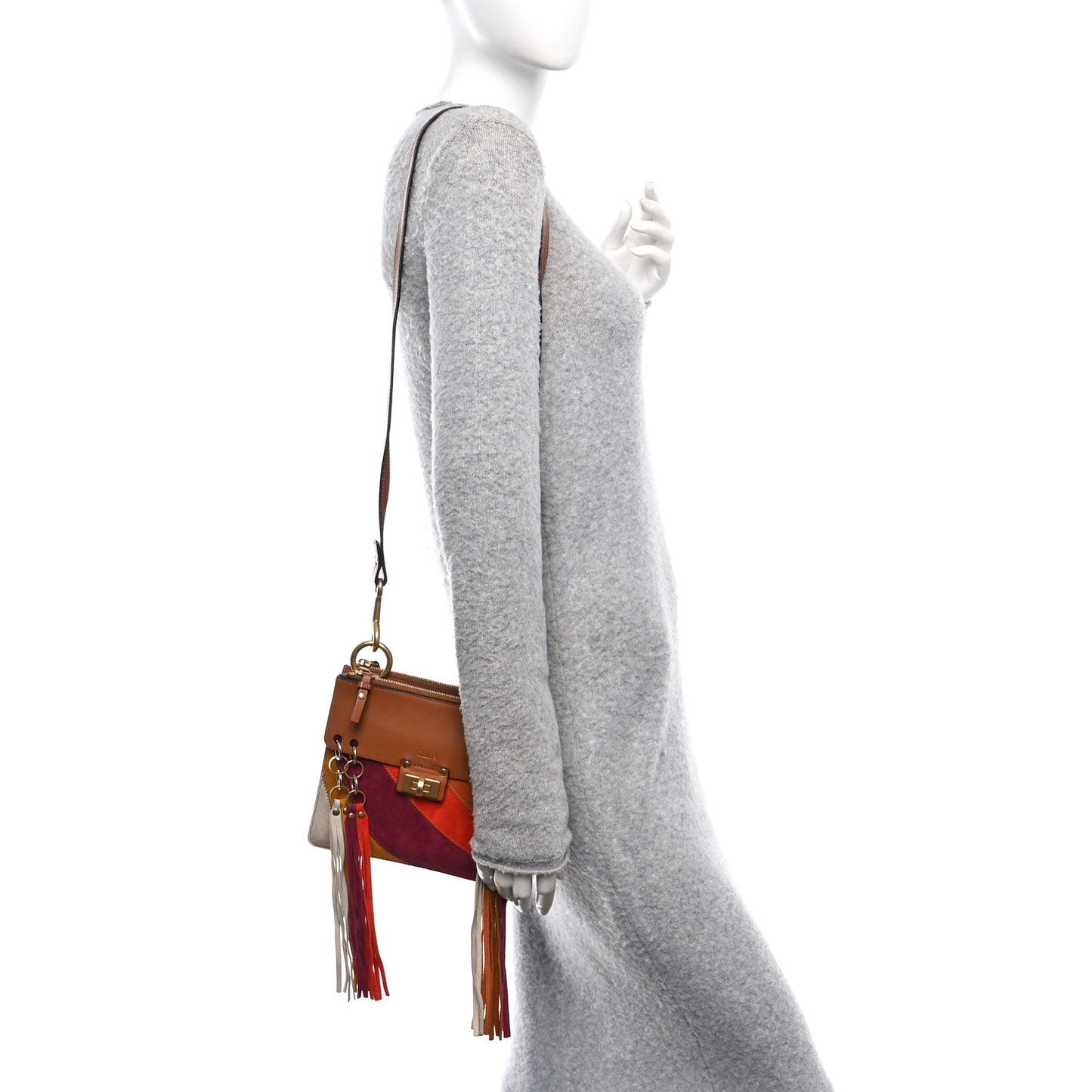 Calfskin Suede Rainbow Patchwork Small Jane Fringe Bag Caramel