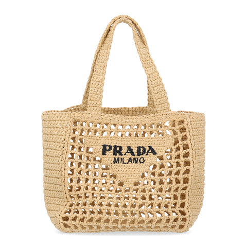 PRADA Yarn Raffia Effect Crochet Logo Embroidered Small Tote Bag Naturale